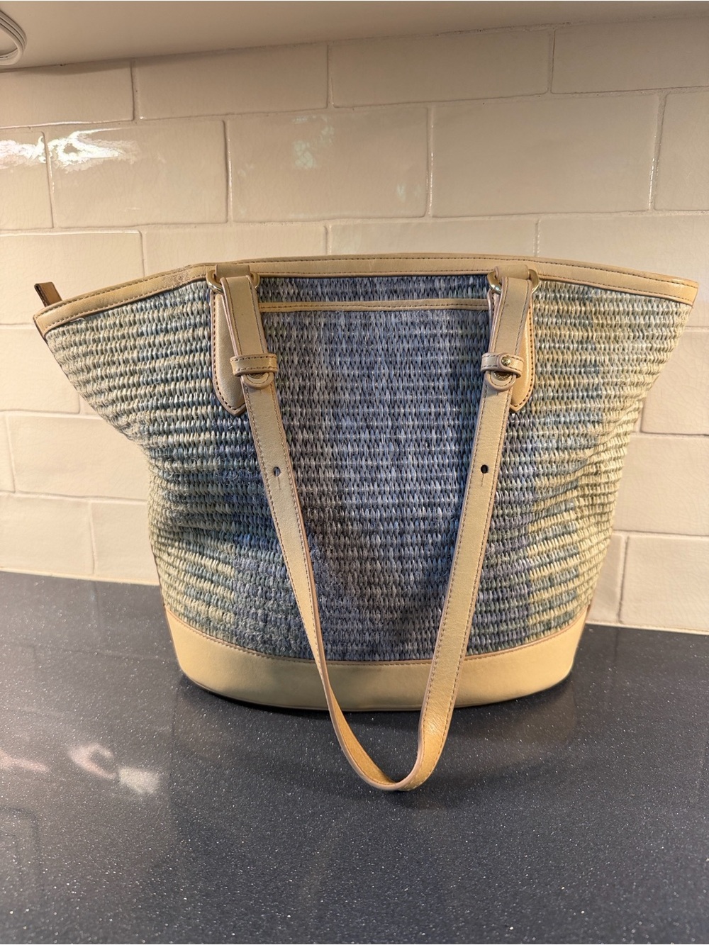 Brahmin Med Bowie Zip-top Blue-GreenWoven Tote with Tan Leather Trim - Picture 4 of 13
